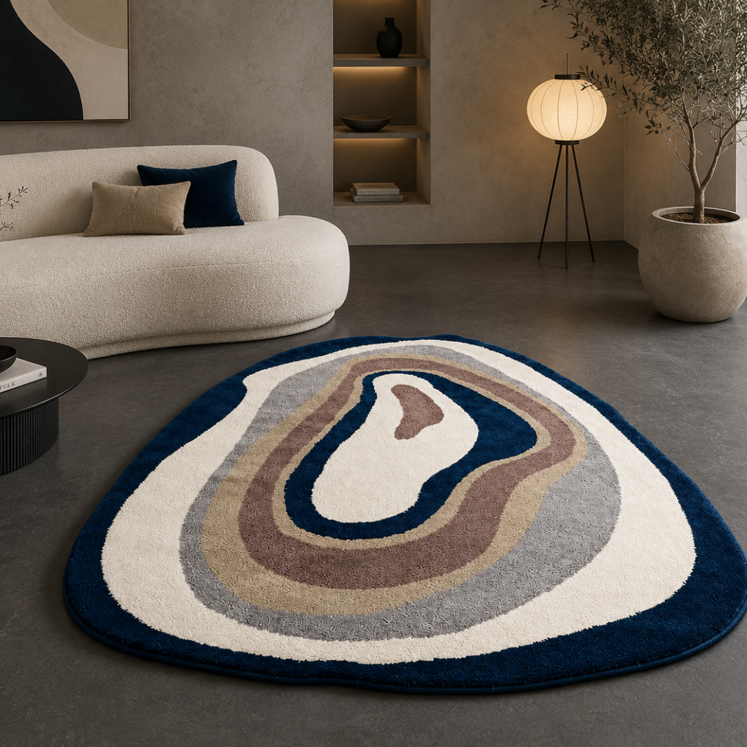 Luxury midnight blue abstract rug styled in a modern designer living room
