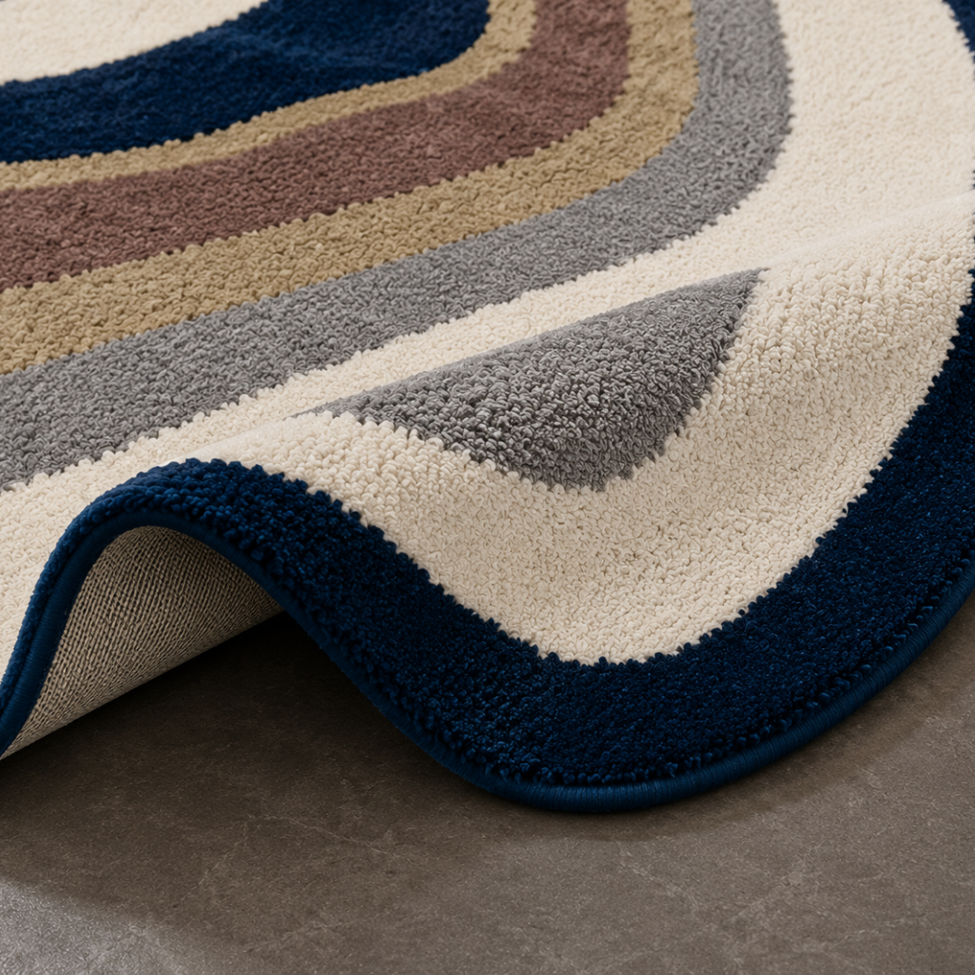 Close-up texture detail of midnight blue hand tufted abstract rug
