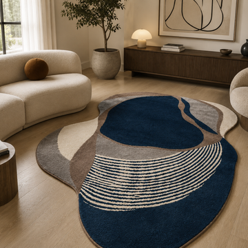 Luxury midnight blue abstract rug with organic freeform design in a modern living room
