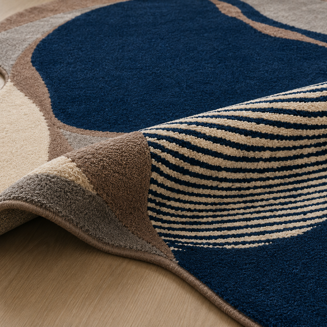 Close-up texture view of midnight blue luxury hand tufted abstract rug