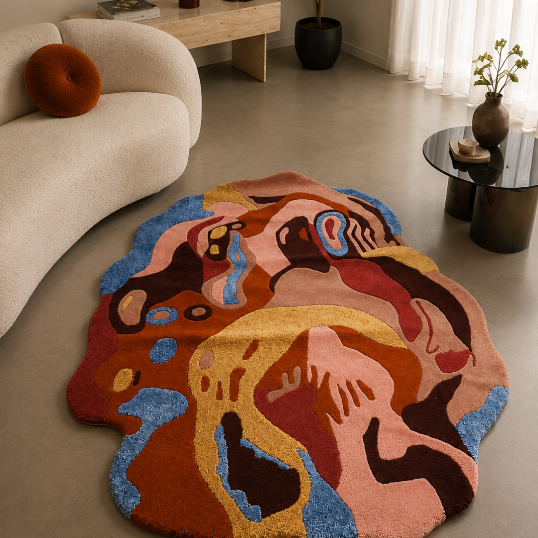 Luxury abstract colorful hand tufted rug in modern living room
