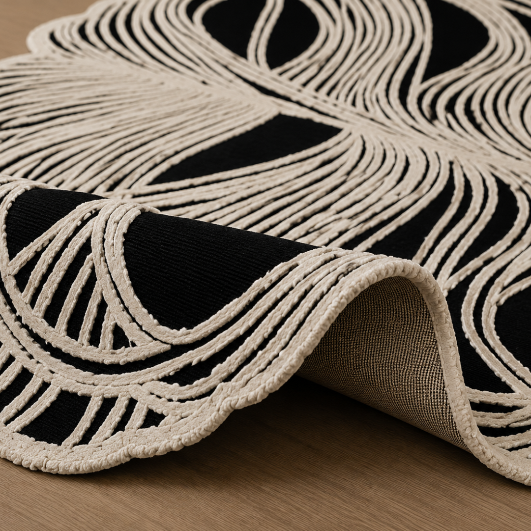 Close-up texture detail of black and ivory hand tufted abstract rug