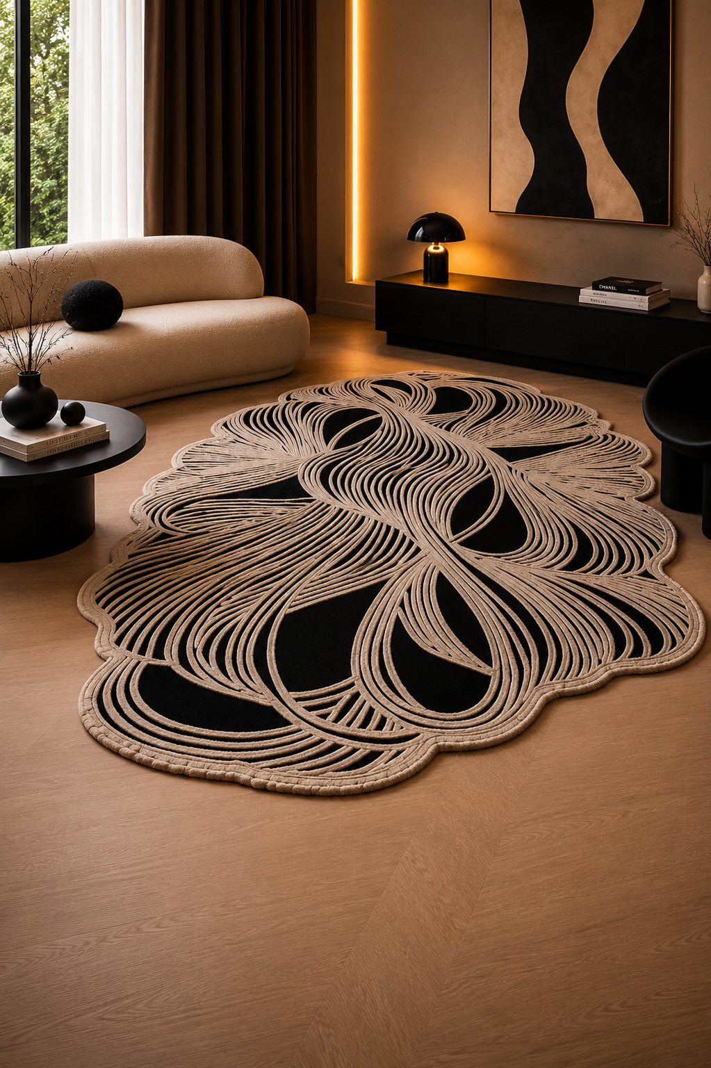 Luxury monochrome artistic statement rug styled in a modern designer living room
