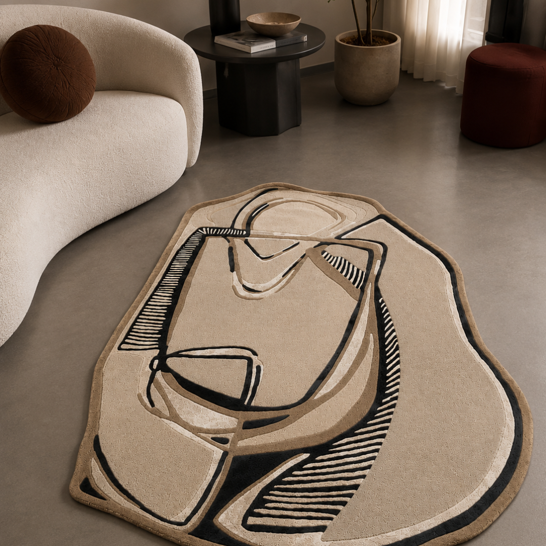 Luxury abstract monoline hand tufted rug in modern living room
