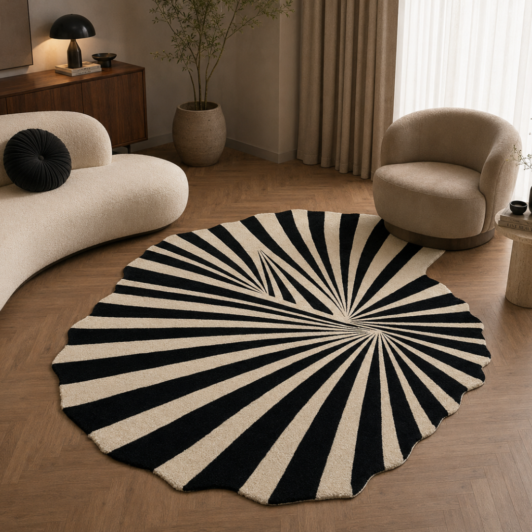 Modern monochrome designer rug styled in a contemporary luxury living room
