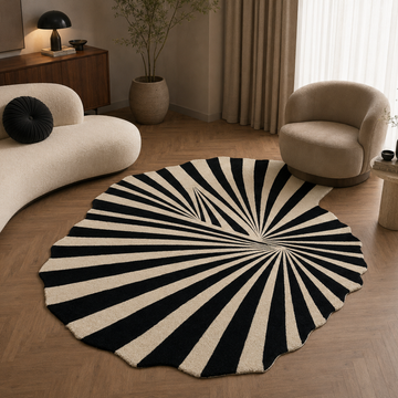 Modern monochrome designer rug styled in a contemporary luxury living room
