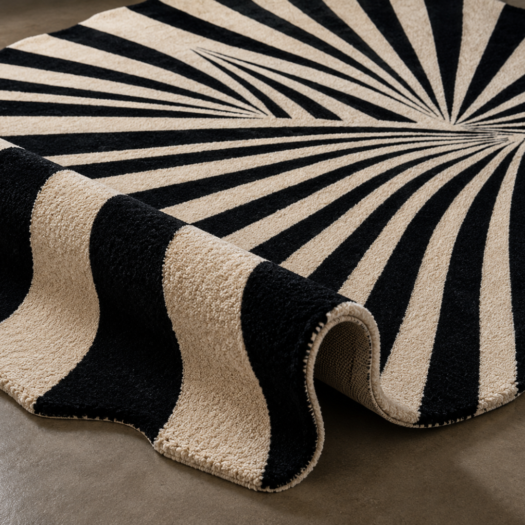Close-up texture detail of black and ivory hand tufted geometric rug