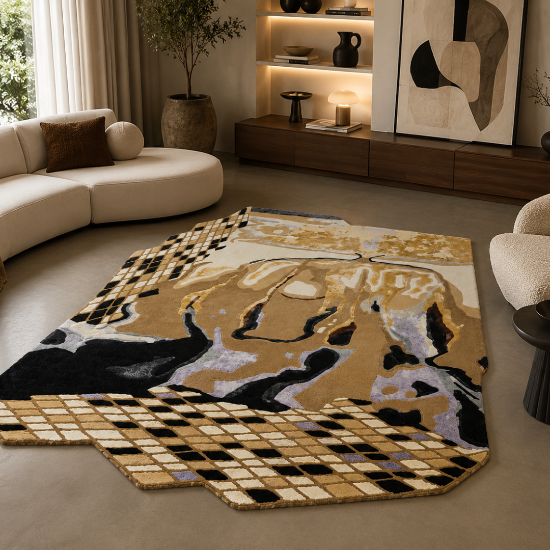 Luxury abstract designer rug with mosaic patterns styled in a modern living room

