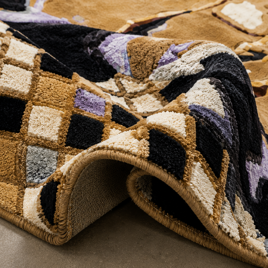 Close-up texture detail of hand tufted mosaic abstract luxury rug
