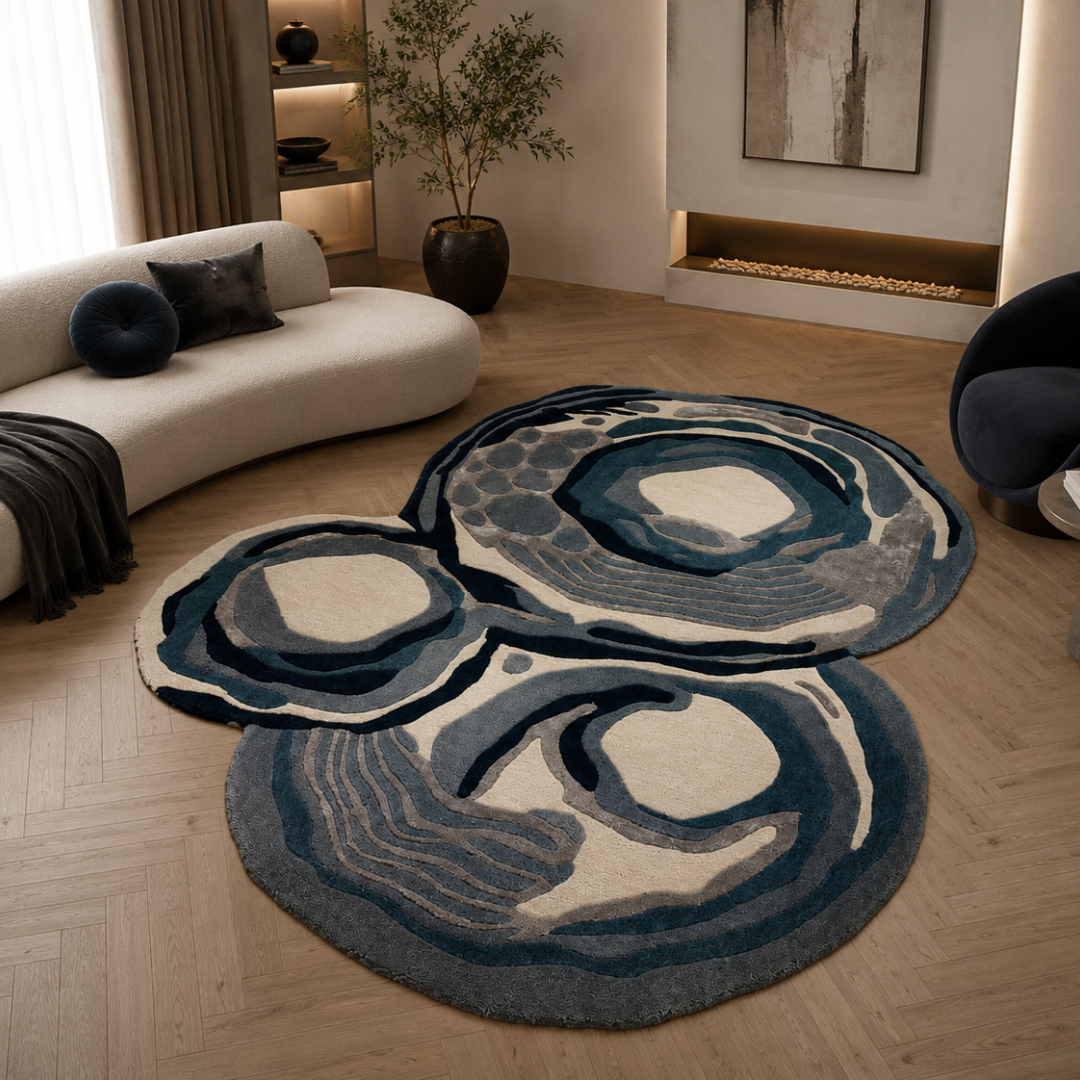 Modern sculptural abstract rug styled in a contemporary luxury living room
