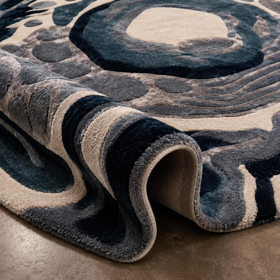 Close-up texture detail of hand tufted organic orbit designer rug