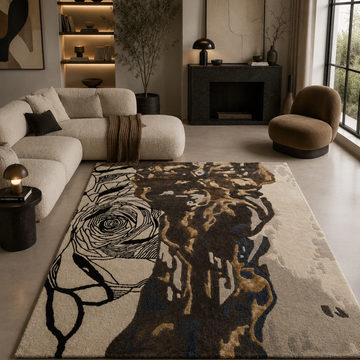 Luxury abstract floral designer rug styled in a sophisticated modern living room
