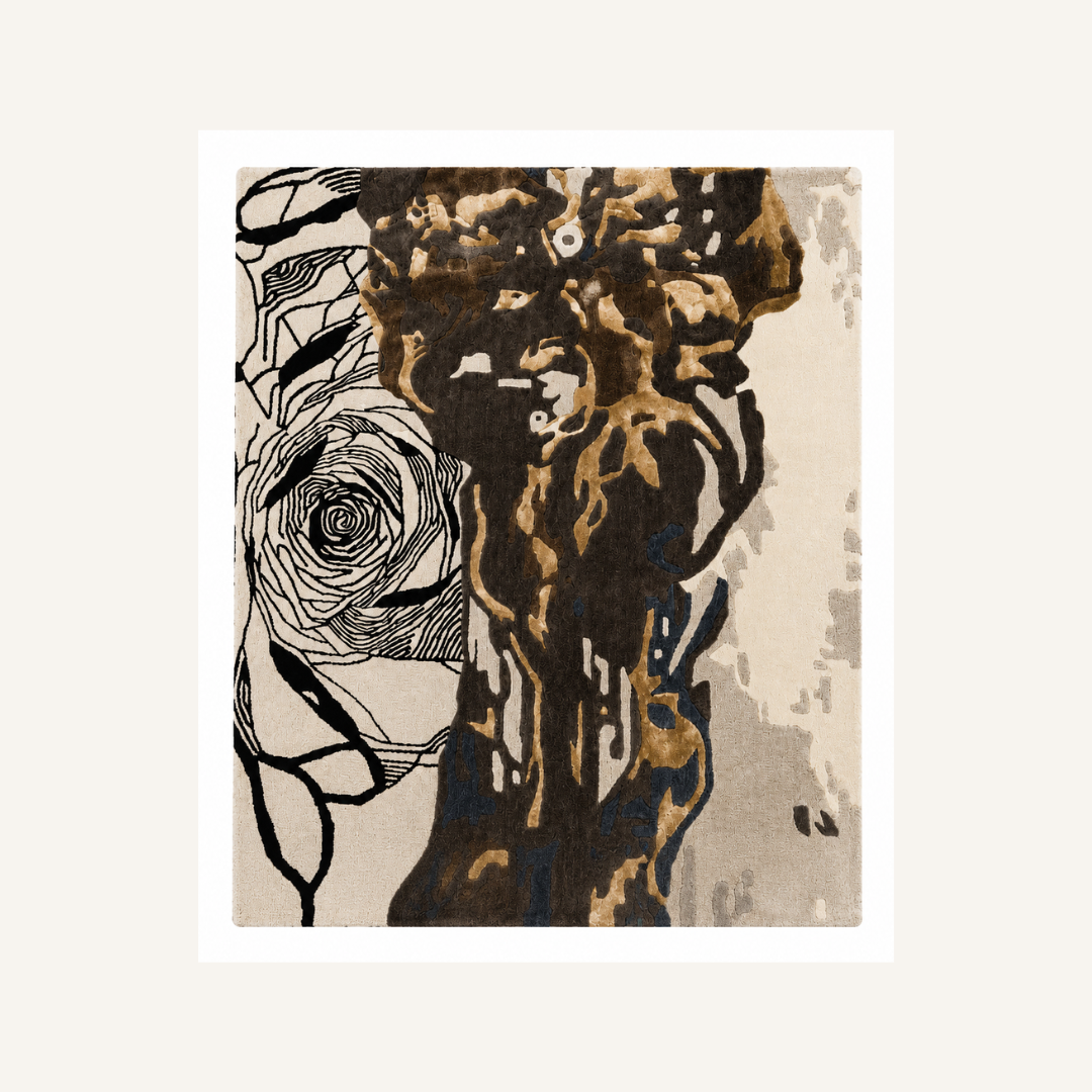 Modern artistic rug with floral sketch and abstract textures isolated on white background
