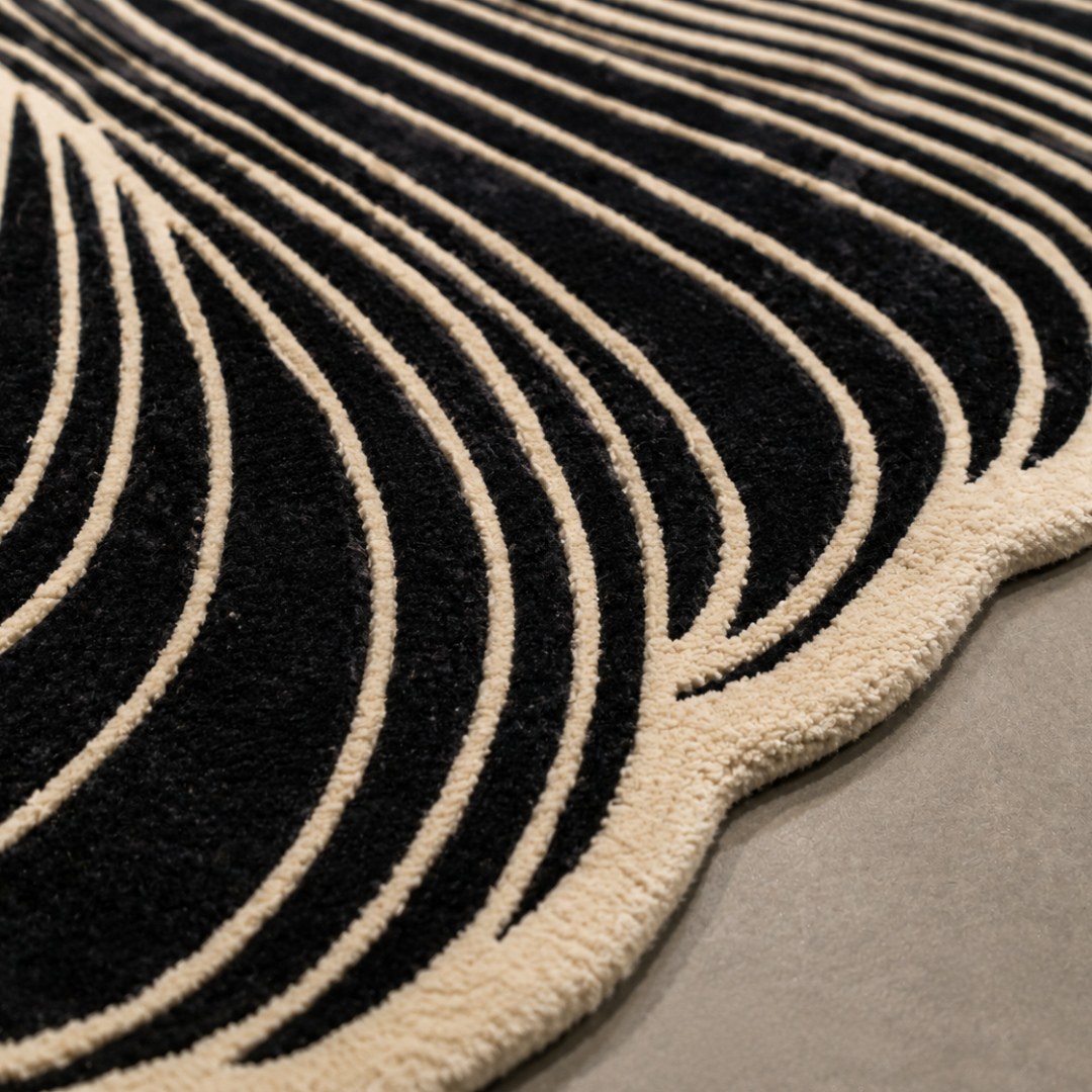 Close-up texture of luxury black abstract hand tufted rug with sculpted wave detailing