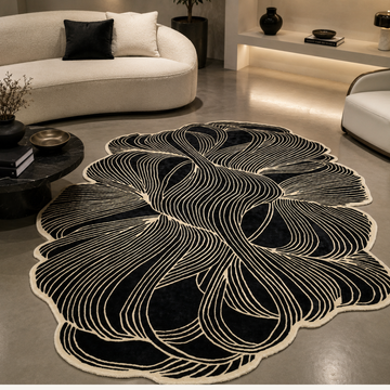 Luxury black abstract hand tufted rug in modern designer living room
