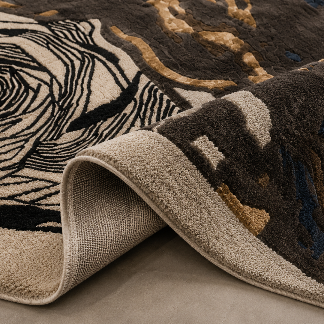 Close-up texture detail of hand tufted abstract floral luxury rug