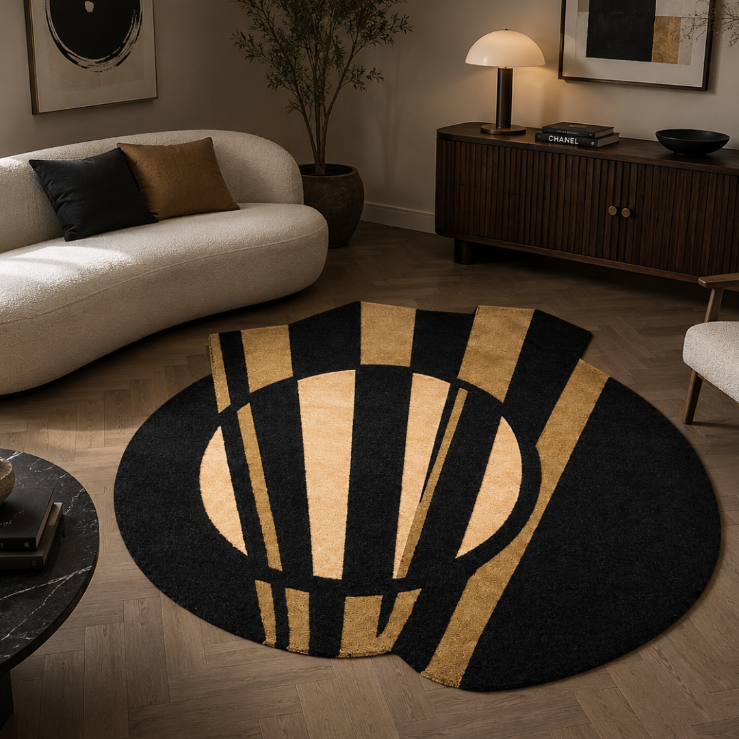 Modern black geometric luxury rug styled in an elegant living room
