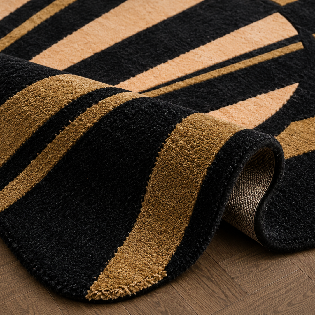 Close-up texture detail of black and gold hand tufted abstract rug
