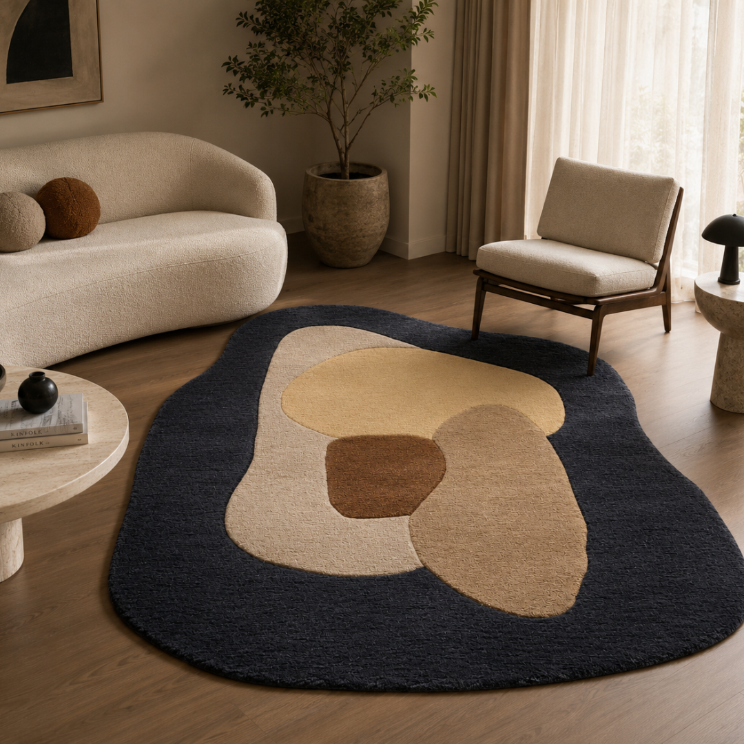 Contemporary organic shaped designer rug styled in a luxury modern living room
