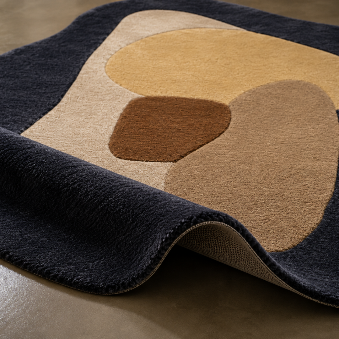 Close-up texture detail of premium abstract hand tufted neutral luxury rug