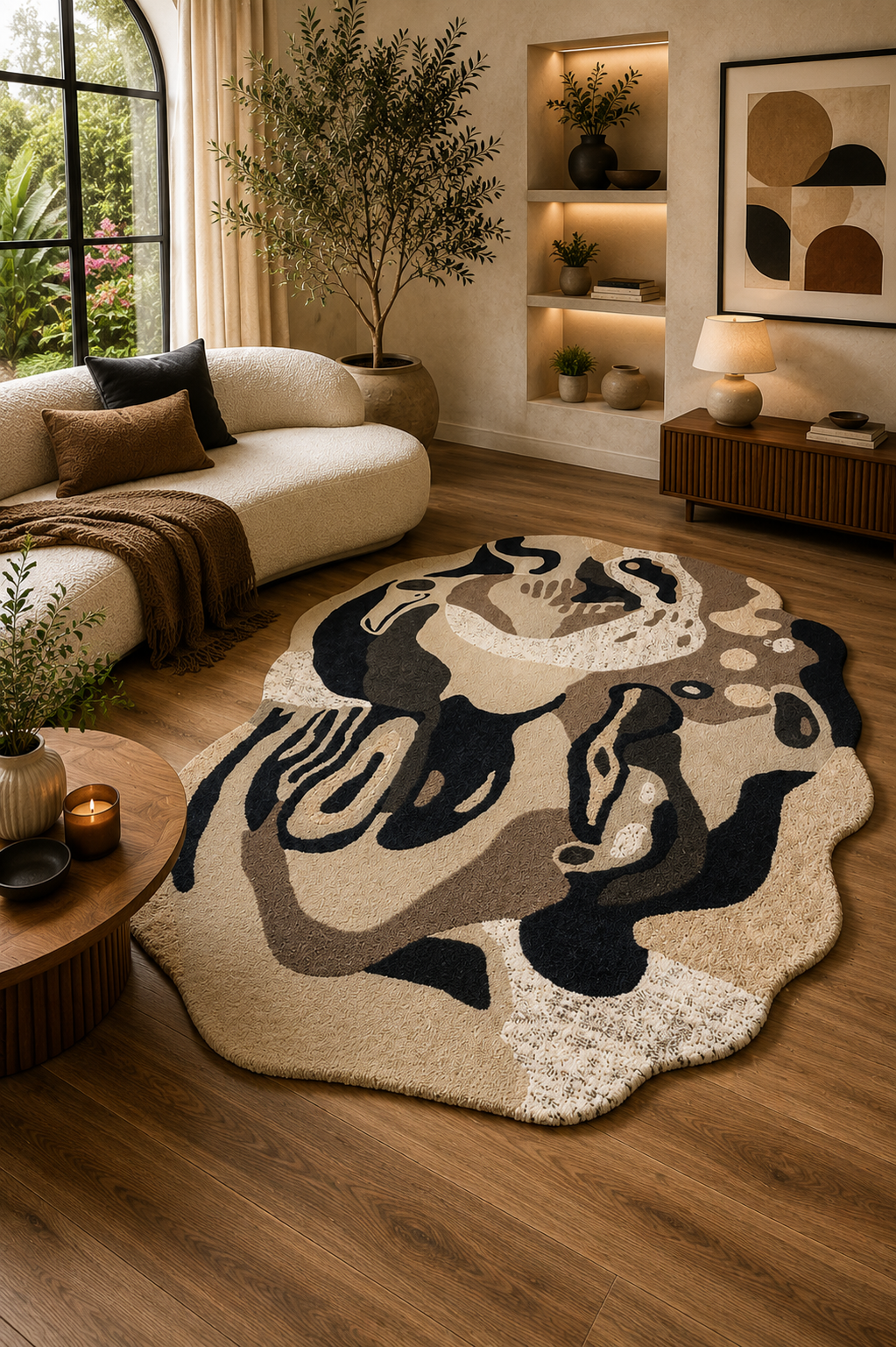 Luxury abstract designer rug styled in a modern contemporary living room
