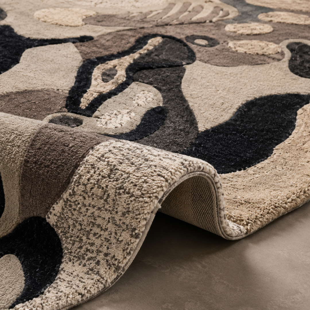 Close-up texture detail of hand tufted abstract freeform rug