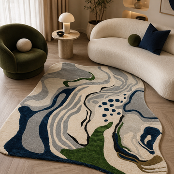 Luxury abstract freeform rug with flowing organic patterns isolated on white background
