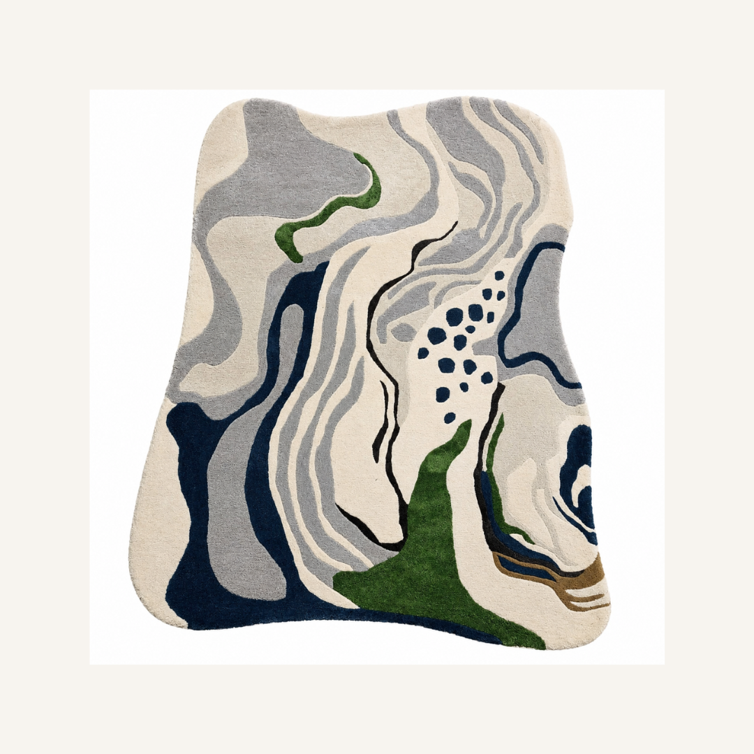 Modern designer abstract rug styled in a contemporary living room
