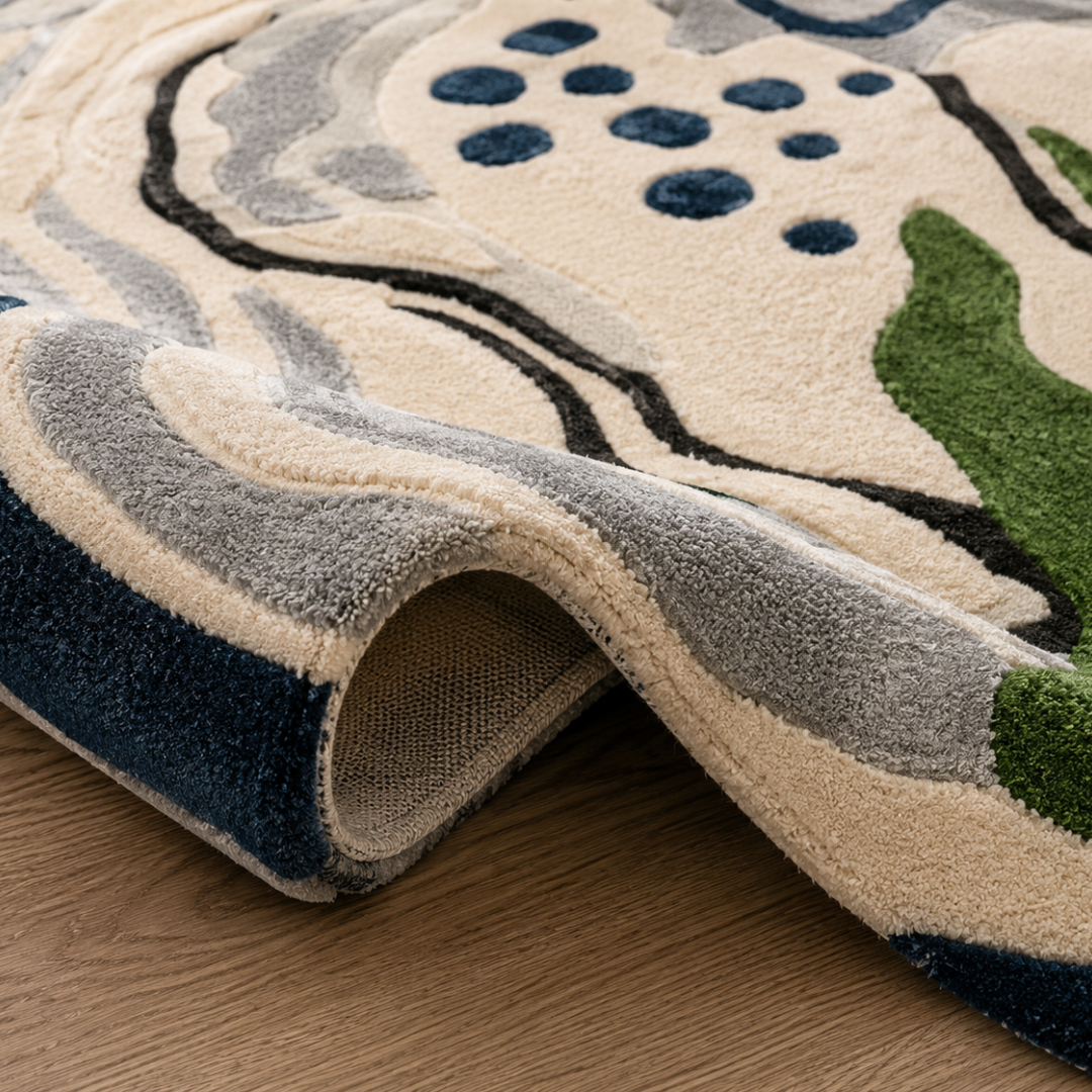 Close-up texture detail of hand tufted abstract designer rug