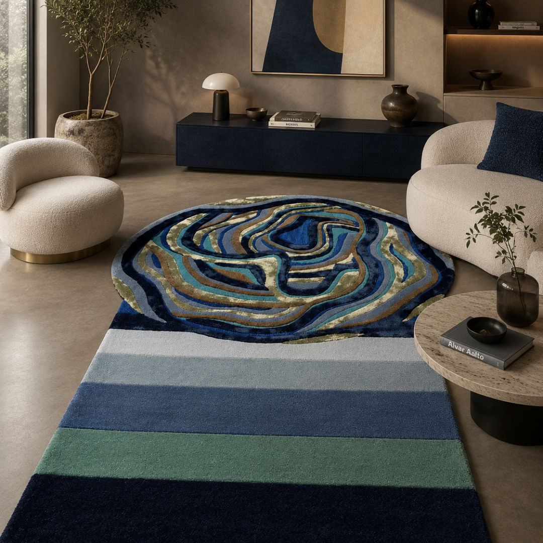 Luxury ocean-inspired abstract designer rug styled in a contemporary modern living room
