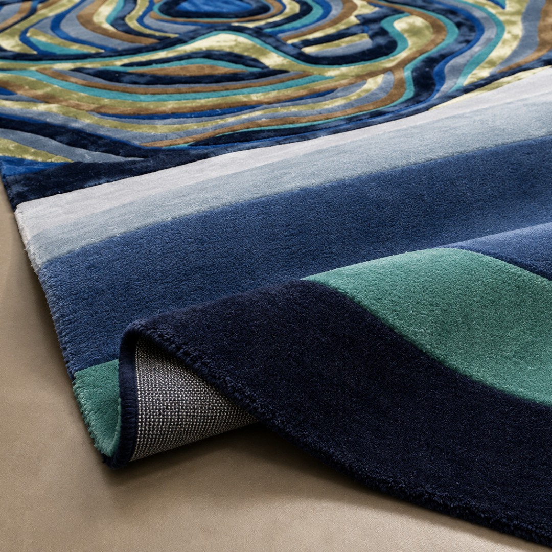 Close-up texture detail of premium hand tufted blue abstract rug