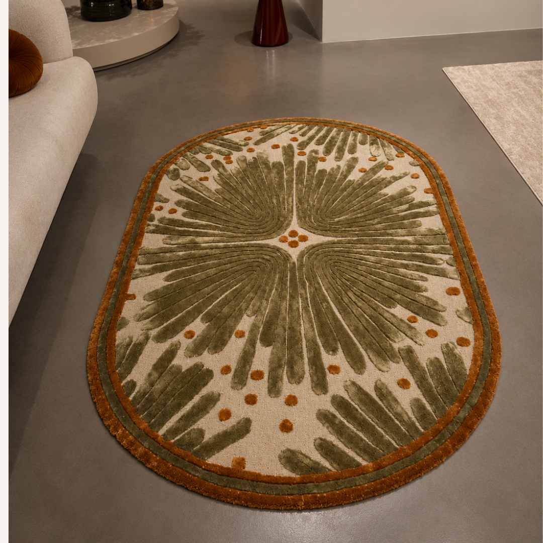 Luxury olive green abstract hand tufted rug in modern living room
