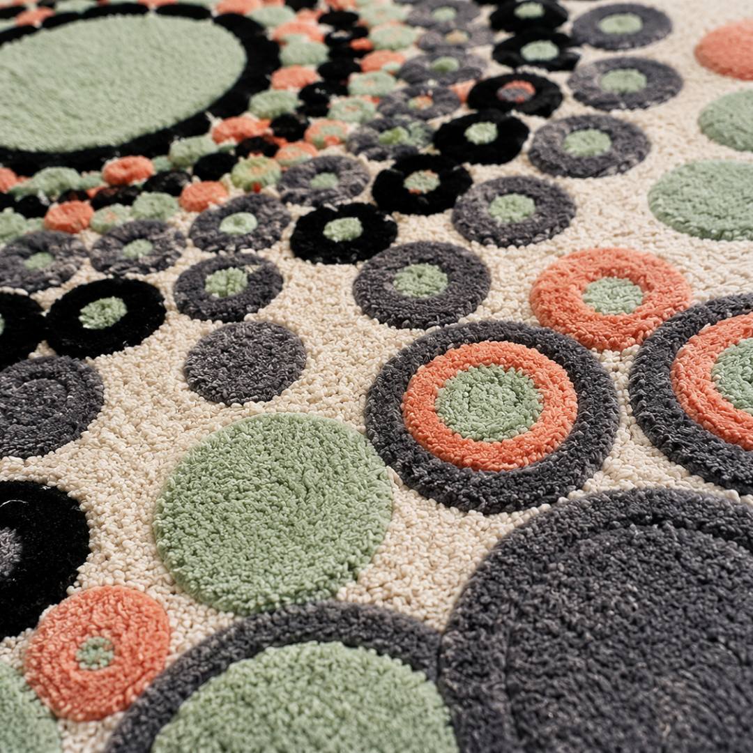 Close up texture of high pile abstract hand tufted rug
