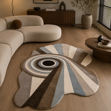 Luxury sculptural abstract rug styled in a modern contemporary living room
