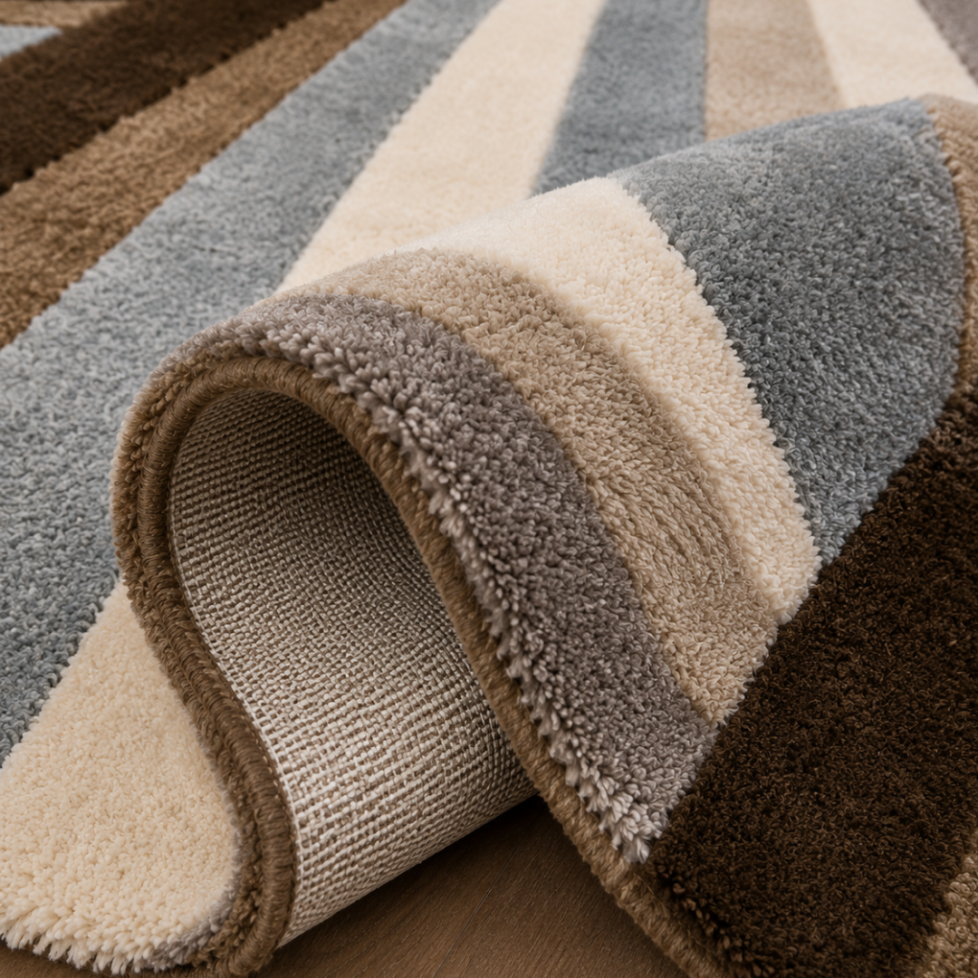 Close-up texture detail of sculptural abstract hand tufted designer rug