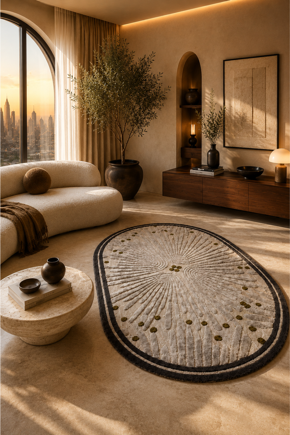Luxury organic contemporary rug styled in a modern designer living room
