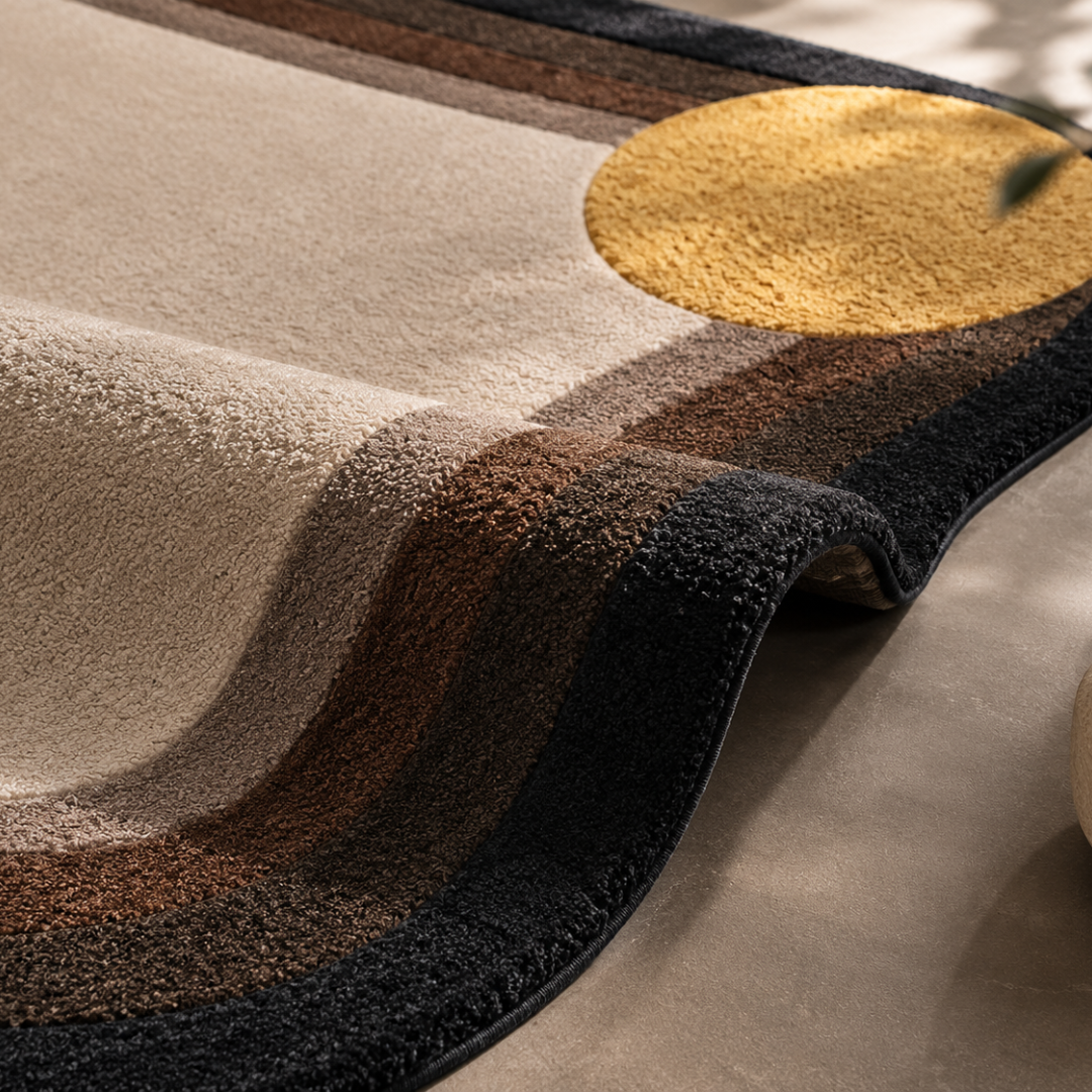 Close-up texture detail of plush abstract organic rug with layered borders