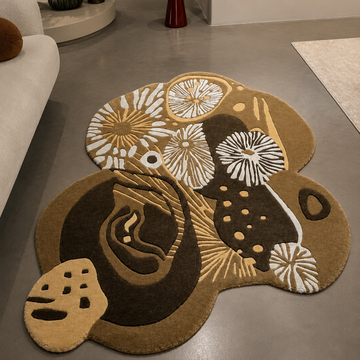Luxury abstract earth-tone hand tufted rug in modern living room
