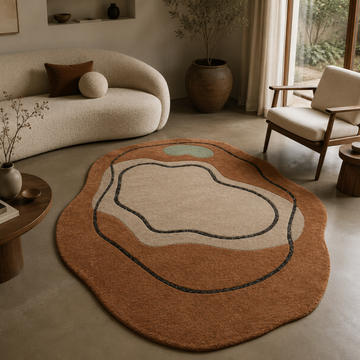 Luxury abstract organic rug styled in a warm contemporary living room interior
