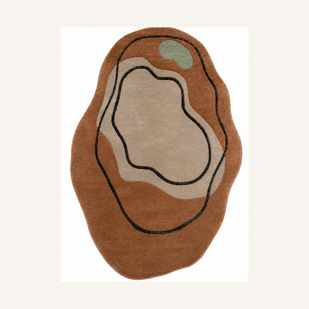 Modern organic contour rug with terracotta and beige abstract layered design isolated on white background

