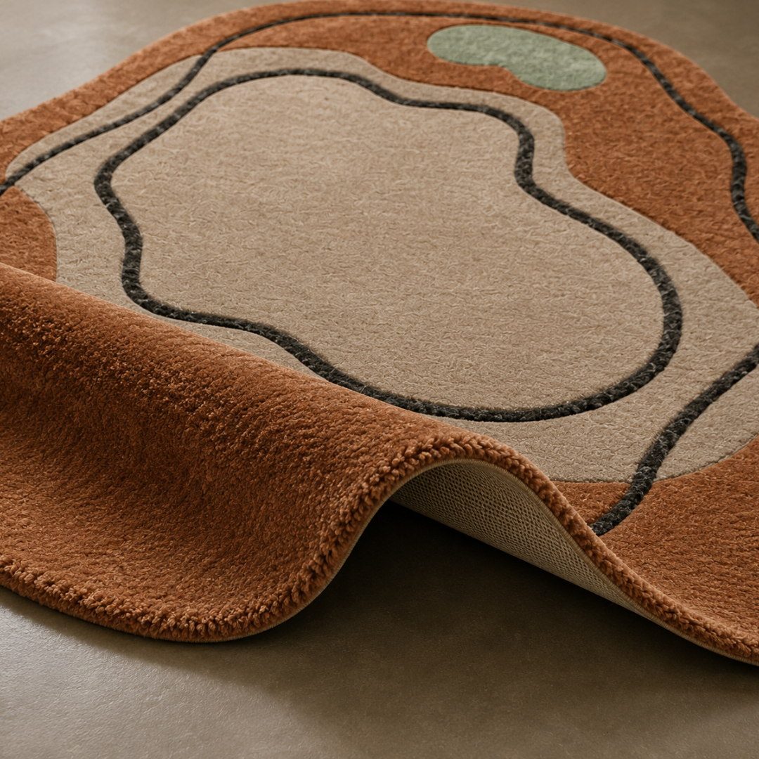 Close-up texture detail of premium terracotta abstract hand tufted rug