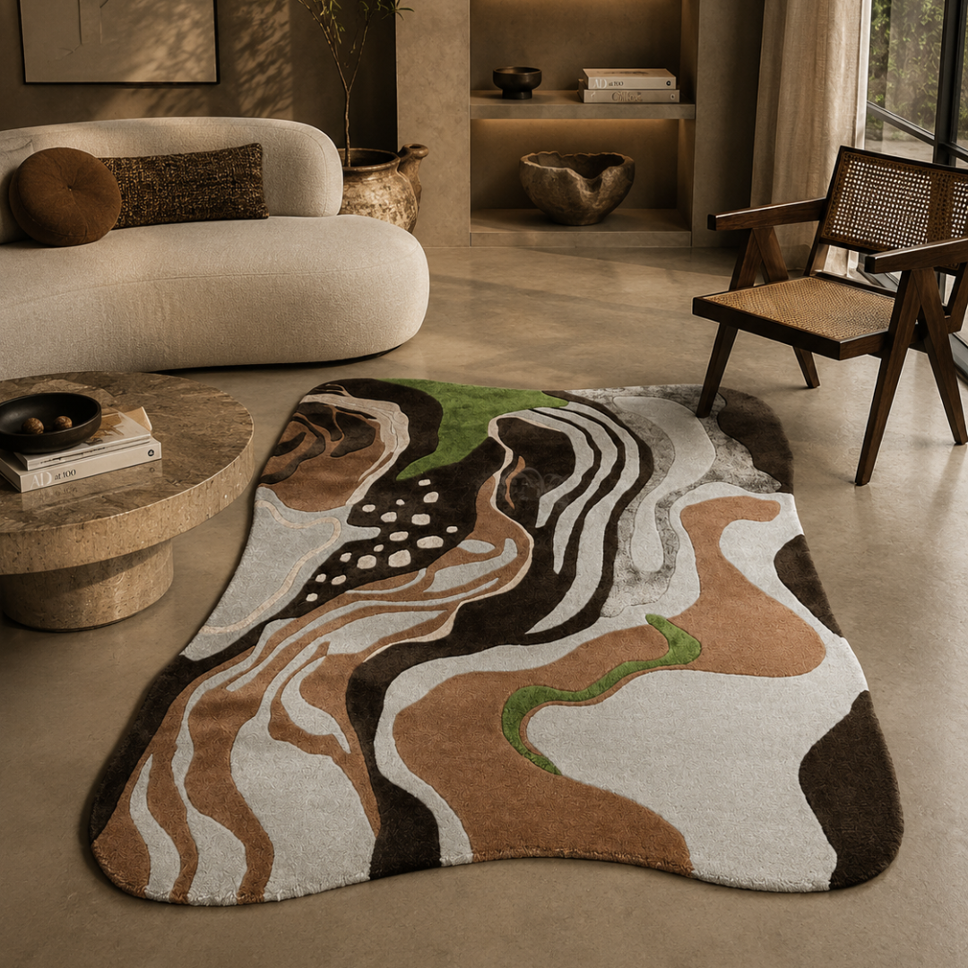 Luxury abstract earthy designer rug styled in a contemporary modern living room
