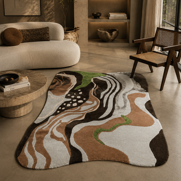 Luxury abstract earthy designer rug styled in a contemporary modern living room
