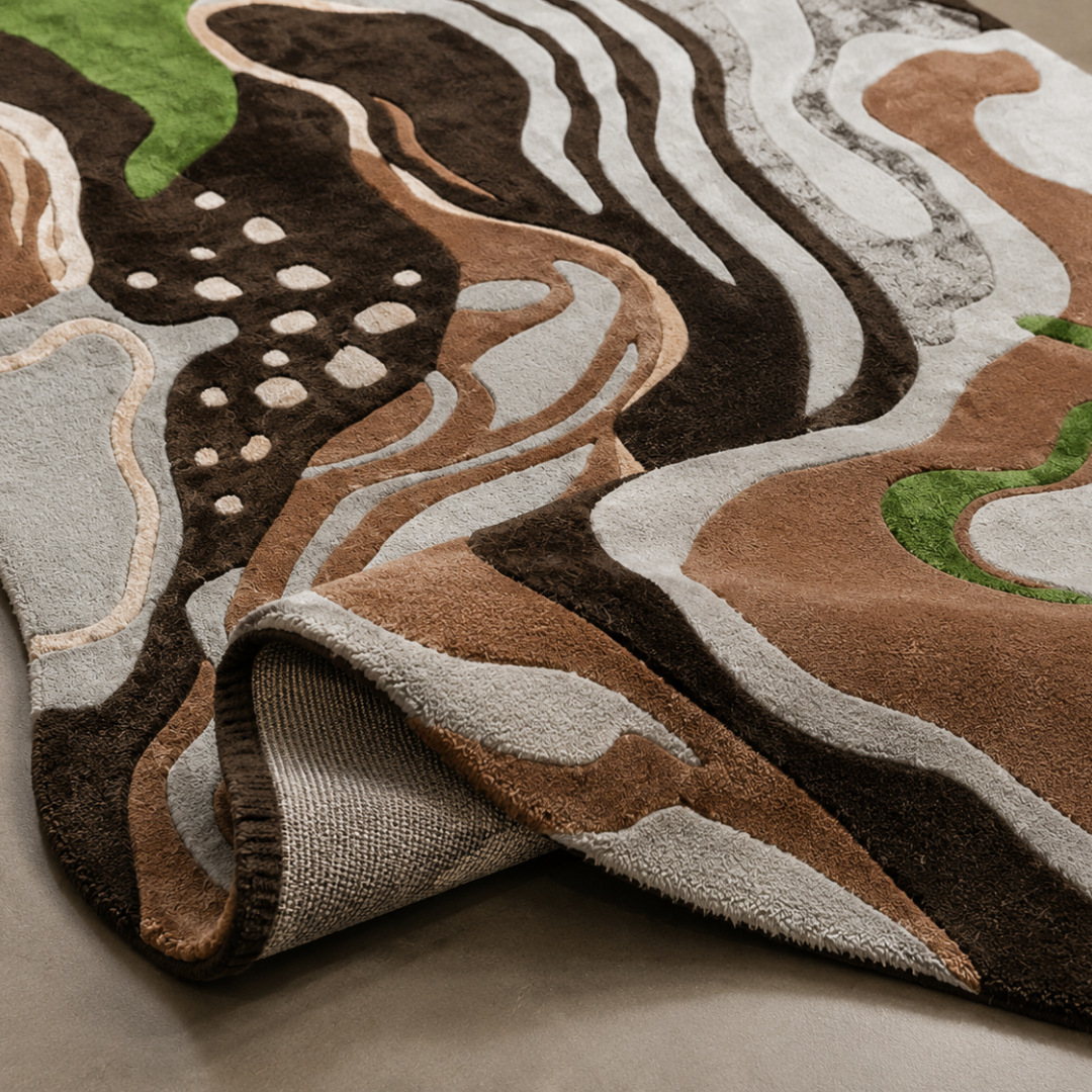 Close-up texture detail of hand tufted abstract earthy rug