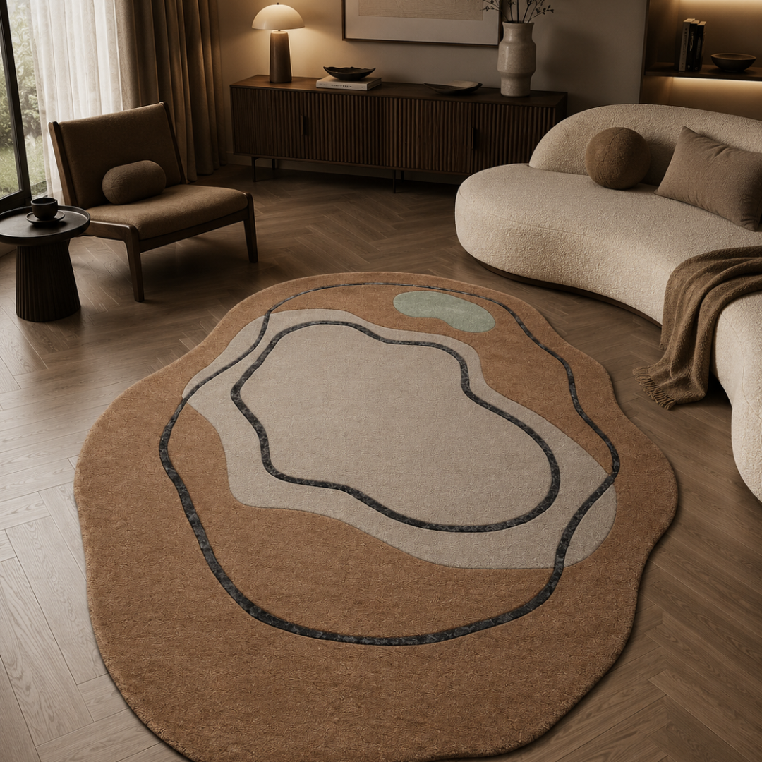 Luxury organic designer rug styled in a warm modern living room

