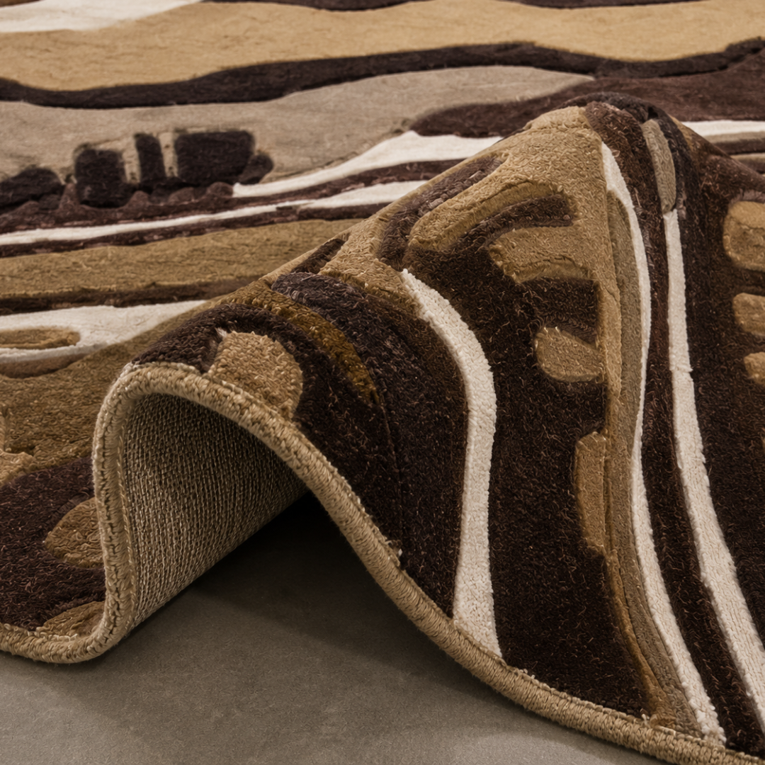 Close-up texture detail of hand tufted tribal abstract luxury rug