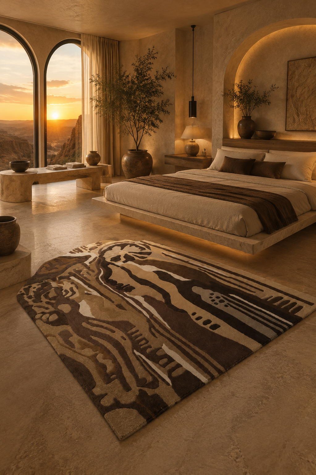 Luxury tribal abstract designer rug styled in a modern bedroom interior
