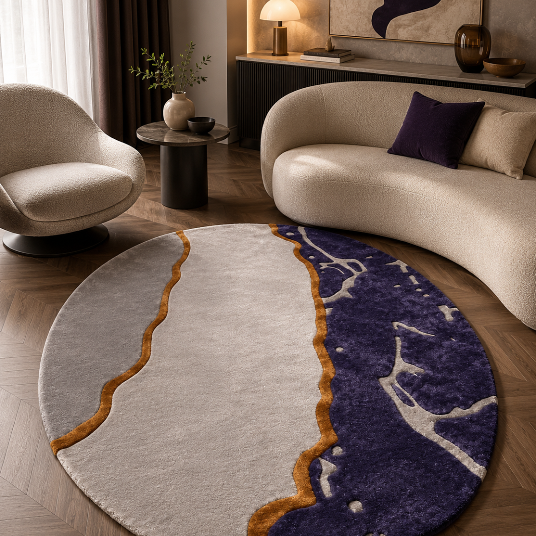 Luxury oval abstract marble rug styled in a modern designer living room
