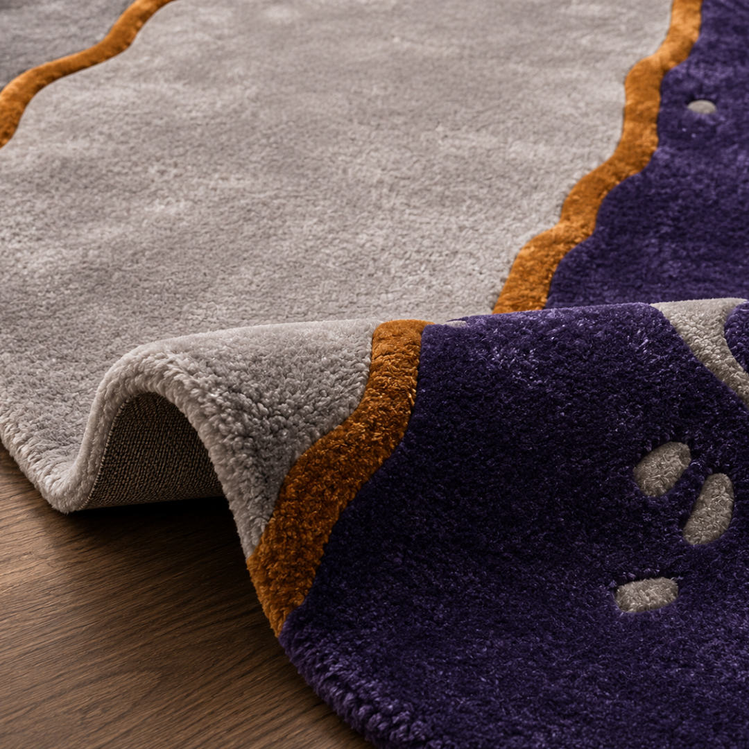 Close-up texture detail of hand tufted marble abstract rug