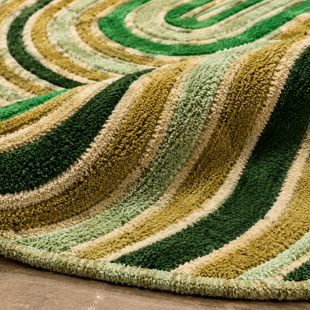 Close-up texture of green contour hand tufted rug with sculpted detailing